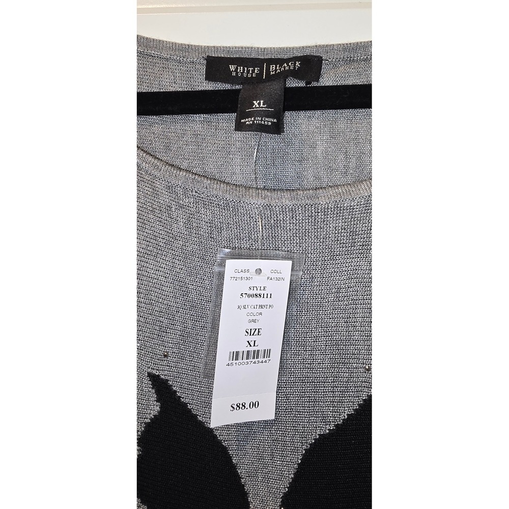 White House Black Market Grey Cat Rhinestone 3/4 Sleeve Sweater XL 570088111 - Picture 4 of 5